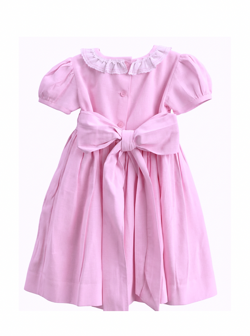 Pink Linen Smocked Dress for Girls – Hand Embroidered Floral
