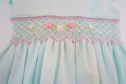 Mint Green Smocked Baby Dress – hand embroidered Classic Piqué Cotton with Side hair Bow