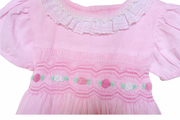Pink Linen Smocked Dress for Girls – Hand Embroidered Floral