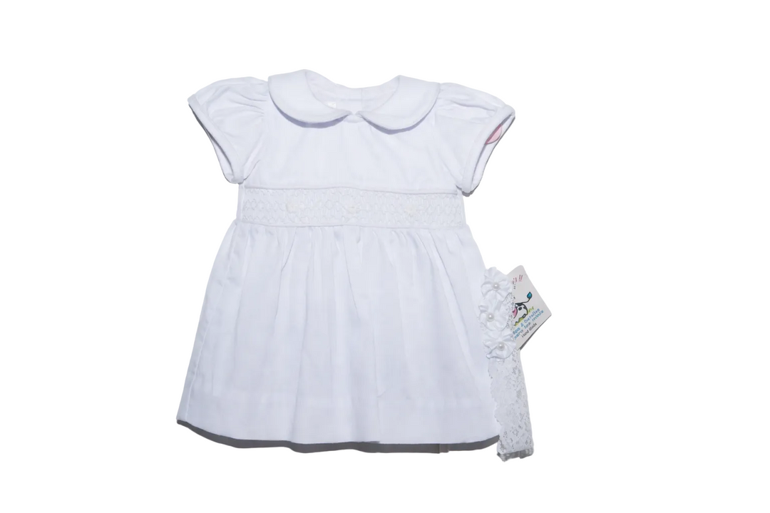 White Smocked Baby Dress Set – 3-Piece with Bloomers & Lace Headband