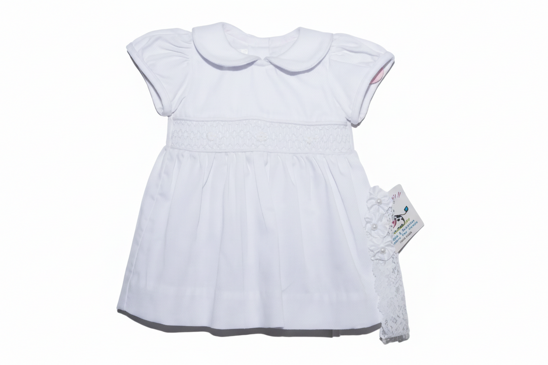 White Smocked Baby Dress Set – 3-Piece with Bloomers & Lace Headband
