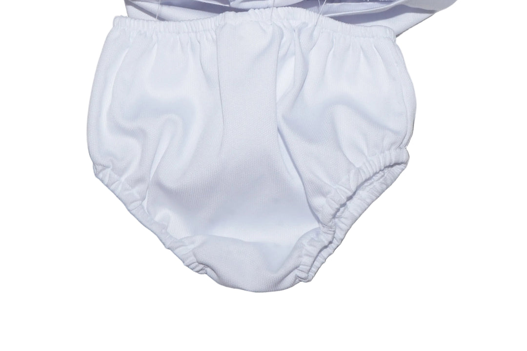 White Smocked Baby Dress Set – 3-Piece with Bloomers & Lace Headband