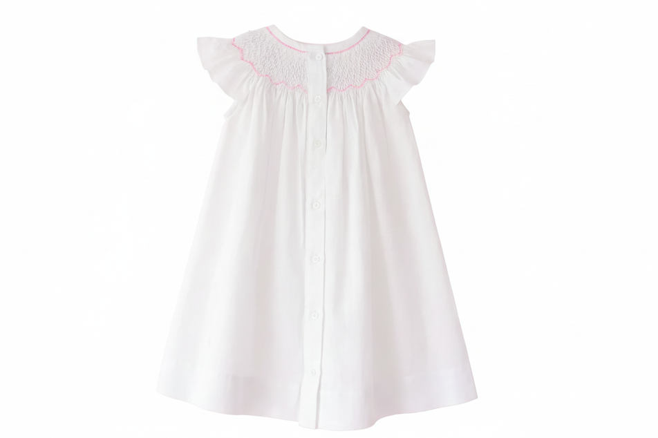 White Linen Baby Dress Smocked for Photoshoots, Birthdays & Special Occasions