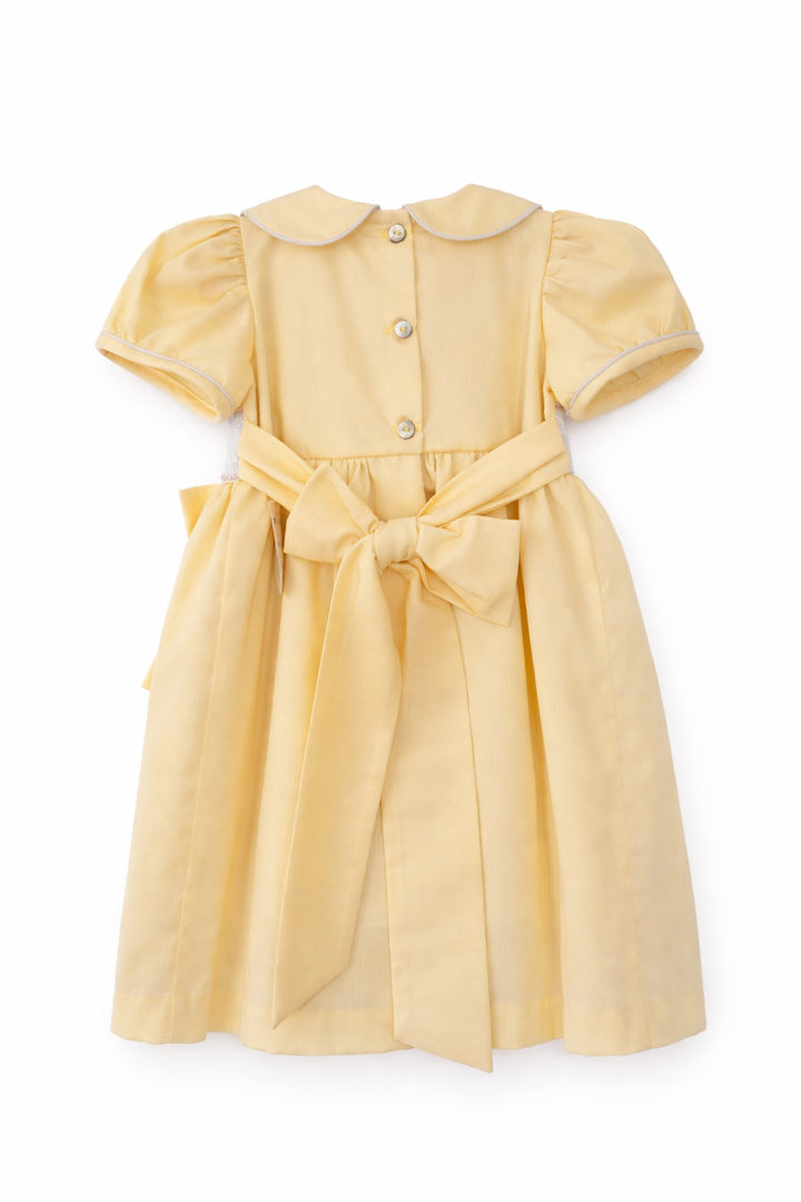 Yellow Smocked and hand embroidered Baby Girl Dress with Bow