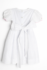 Load image into Gallery viewer, White Linen Smocked little girl Toddler Dress with Floral hand Embroidery – Puff Sleeve Heirloom Outfit" Size: 2T