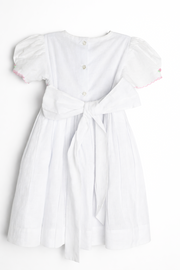 White Linen Smocked little girl Toddler Dress with Floral hand Embroidery – Puff Sleeve Heirloom Outfit