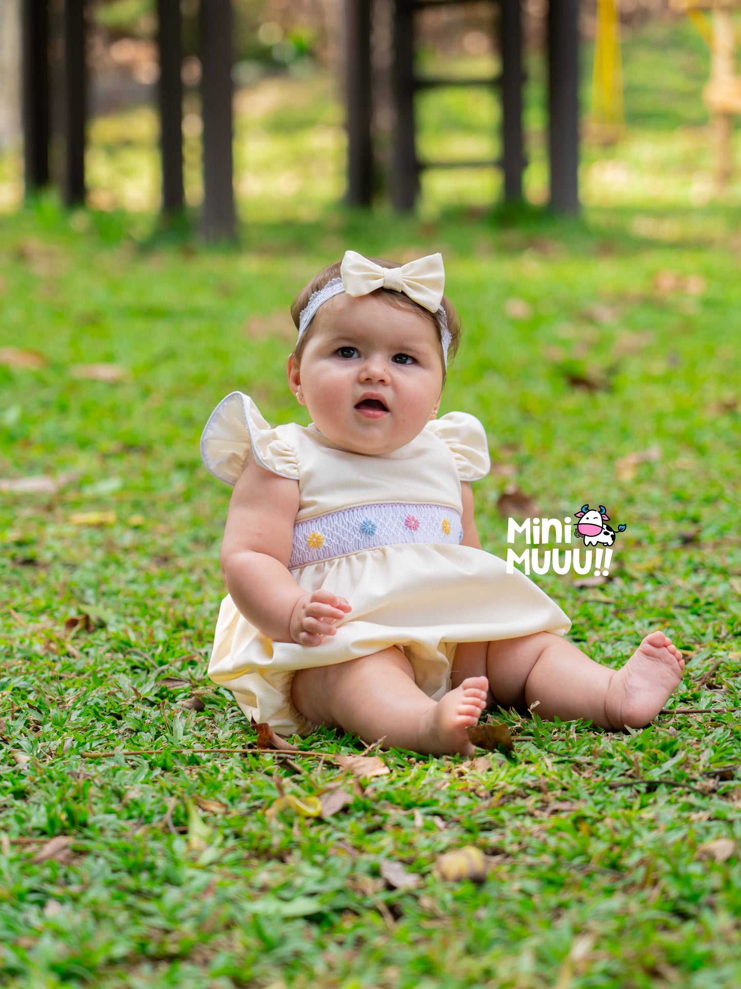Pastel Smocked Hand embroidered Baby Romper – Yellow Flutter Sleeve with Hair Bow