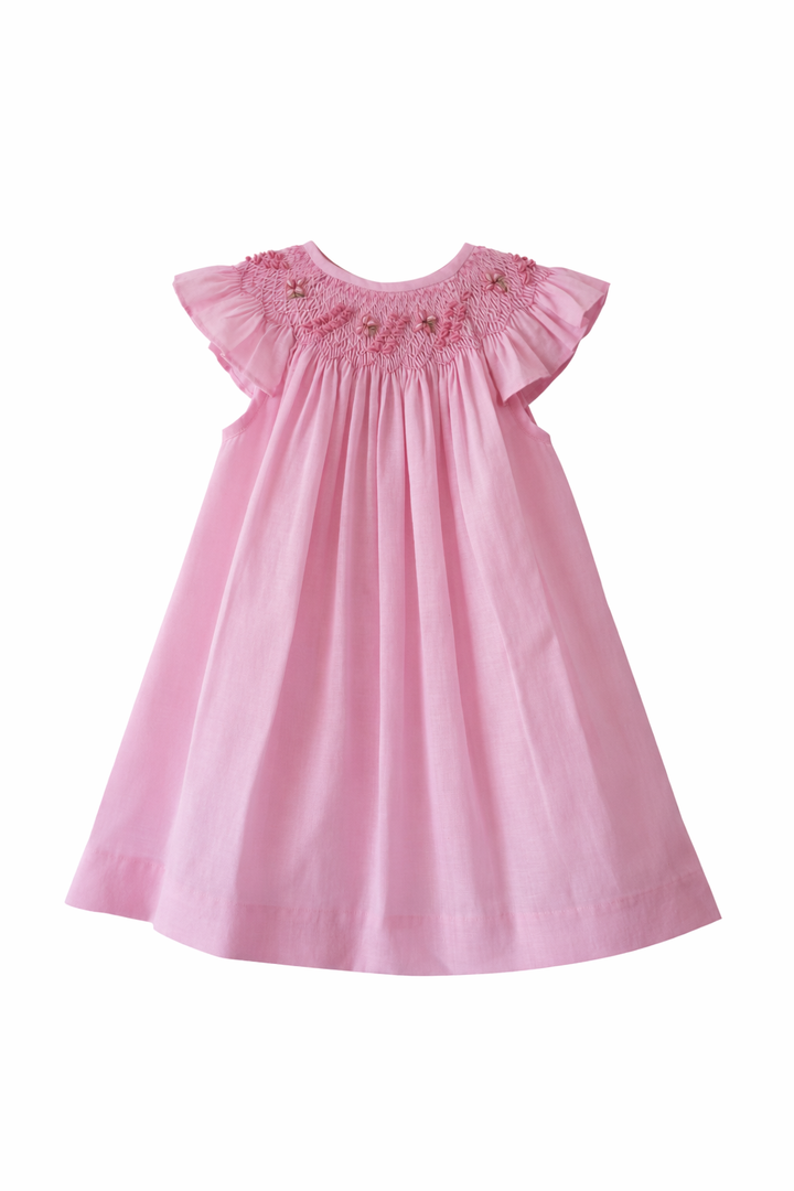 Pink  Smocked Dress for Toddlers Linen fabric | Bishop Style Hand-Embroidered