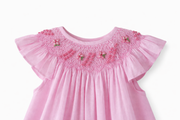 Pink  Smocked Dress for Toddlers Linen fabric | Bishop Style Hand-Embroidered