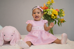 Load image into Gallery viewer, Pink Smocked Girls Dress – Classic Elegance for Babies and toddlers With bloomer and head bow
