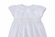 White Smocked Baby Dress Set – 3-Piece with Bloomers & Lace Headband