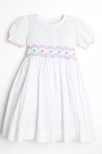Load image into Gallery viewer, White Linen Smocked little girl Toddler Dress with Floral hand Embroidery – Puff Sleeve Heirloom Outfit" Size: 2T