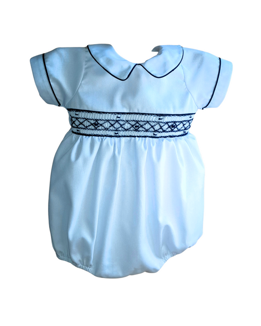 Classic White Piqué Baby Outfit – Smocked Elegance for Boys