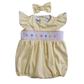 Pastel Smocked Hand embroidered Baby Romper – Yellow Flutter Sleeve with Hair Bow