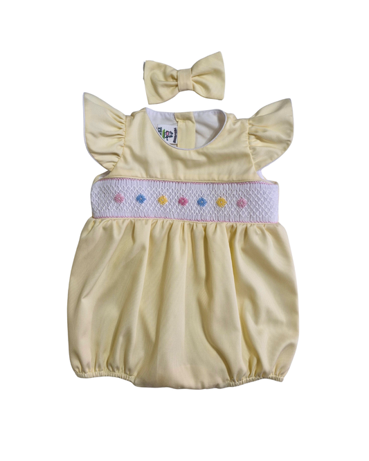Pastel Smocked Hand embroidered Baby Romper – Yellow Flutter Sleeve with Hair Bow