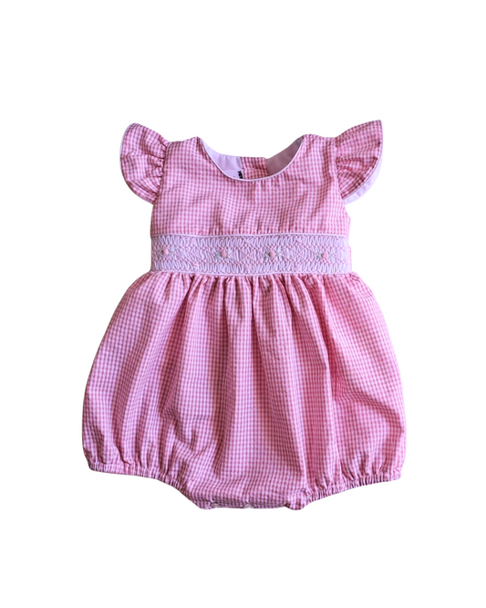 Smocked Baby romper  – Hand Embroidered with Floral Detail. PINK AND YELLOW Variation