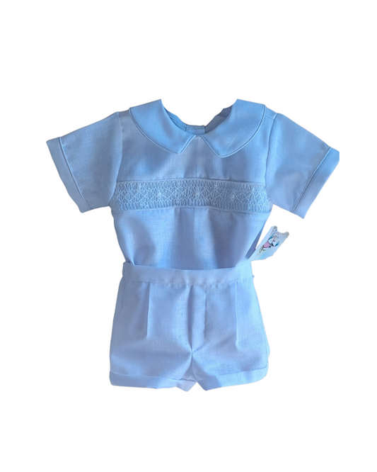 Classic White Linen Baby Boy Set – Hand-Smocked Elegance shirt and short pants