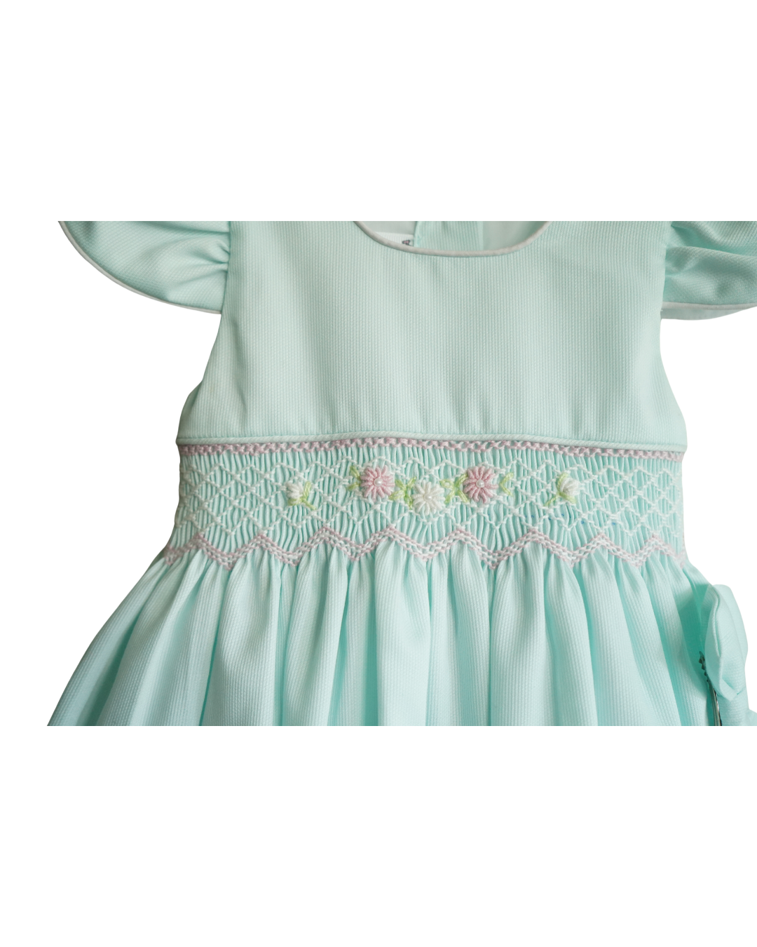Mint Green Smocked  Hand embroidered Baby Dress – Classic Piqué Elegance with Side hair Bow