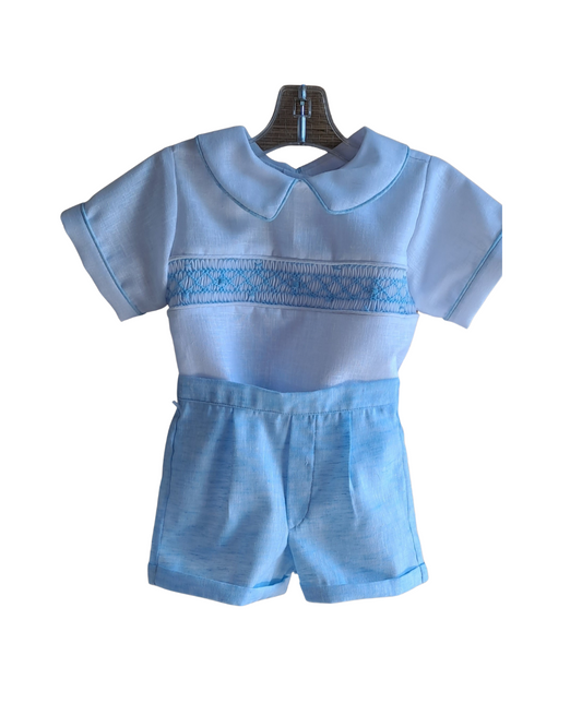 Classic White Linen Baby Boy Set – Hand-Smocked Elegance shirt and short pants
