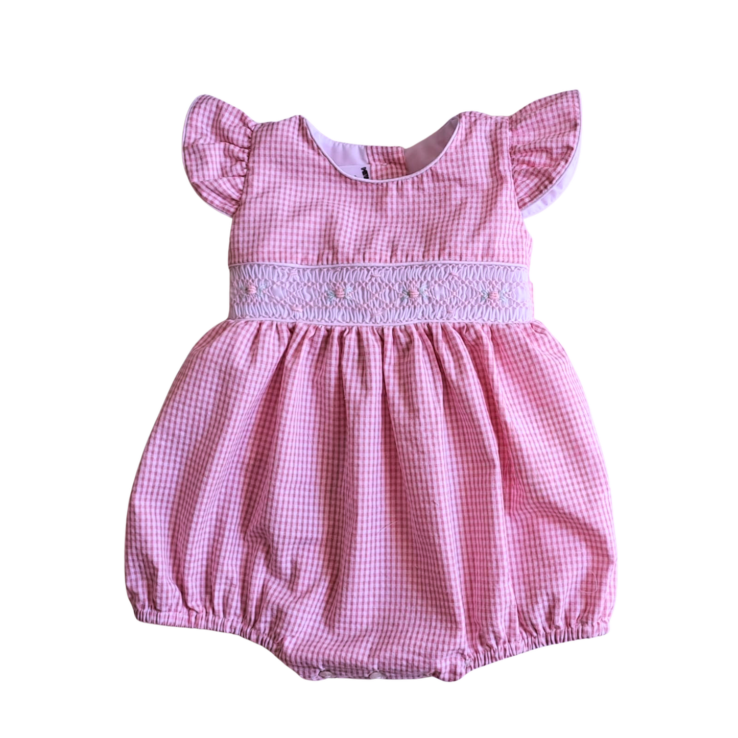 Smocked Baby romper  – Hand Embroidered with Floral Detail. PINK AND YELLOW Variation