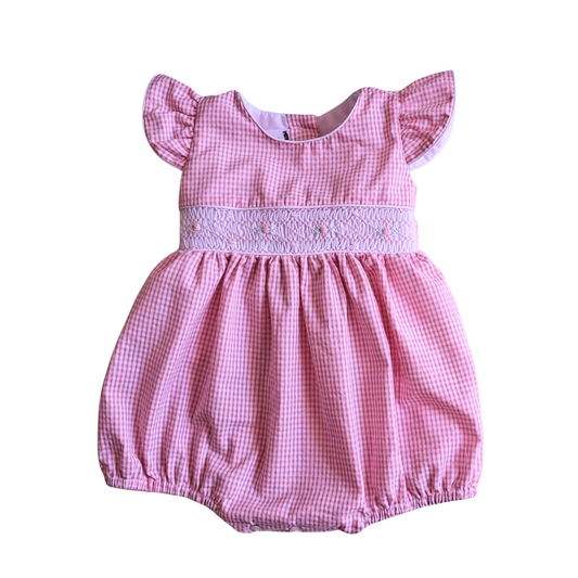 Smocked Baby romper  – Hand Embroidered with Floral Detail. PINK AND YELLOW Variation