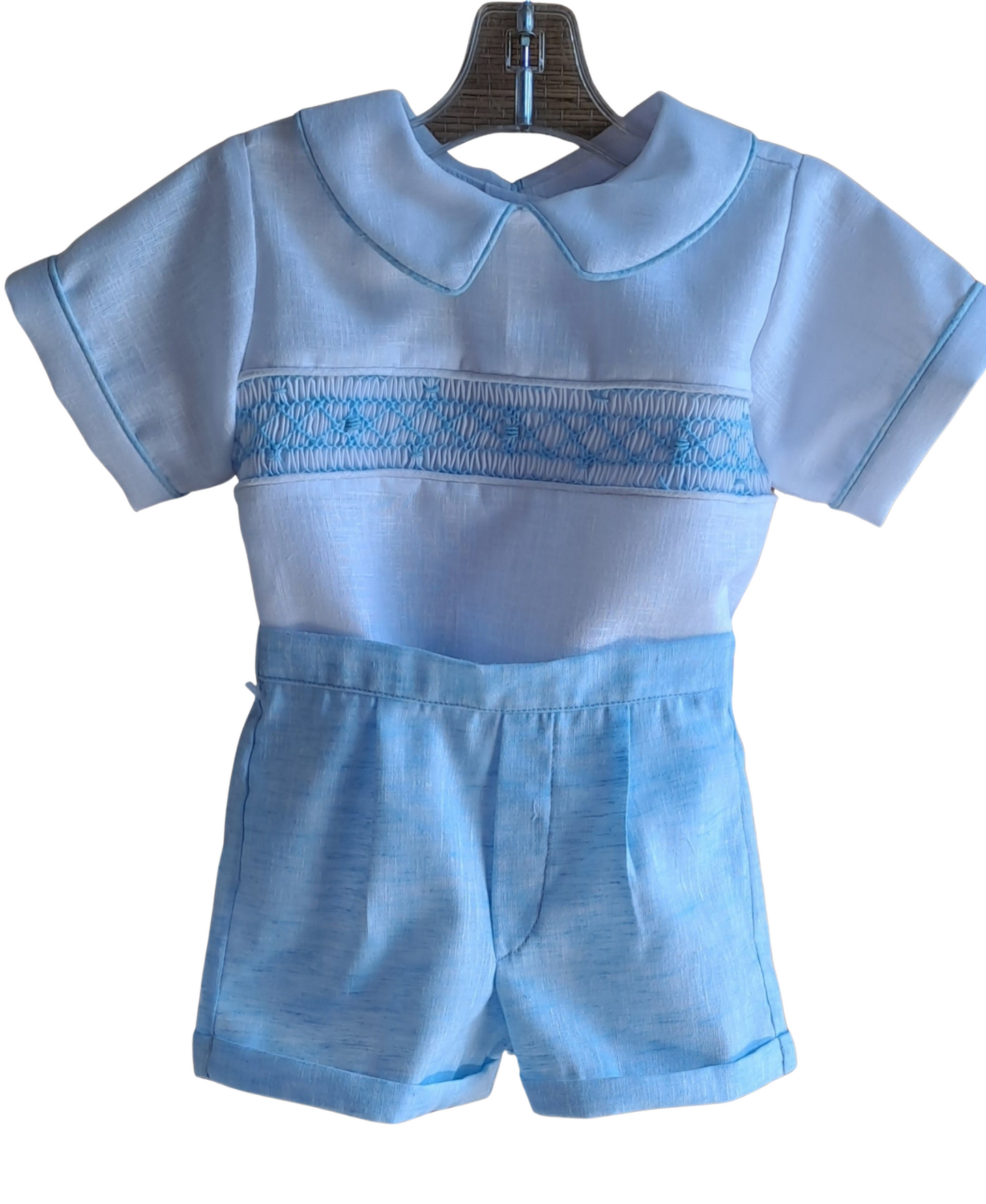 Classic White Linen Baby Boy Set – Hand-Smocked Elegance shirt and short pants