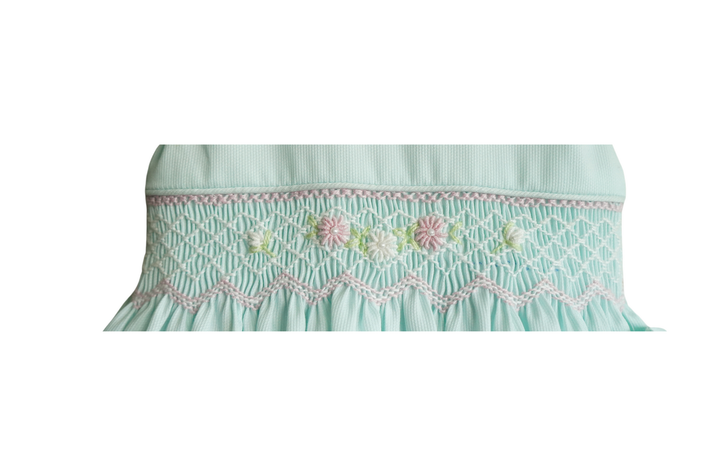 Mint Green Smocked  Hand embroidered Baby Dress – Classic Piqué Elegance with Side hair Bow