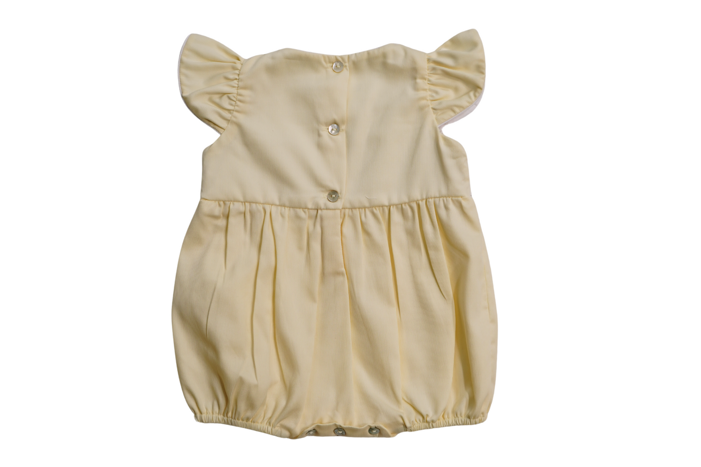Pastel Smocked Hand embroidered Baby Romper – Yellow Flutter Sleeve with Hair Bow