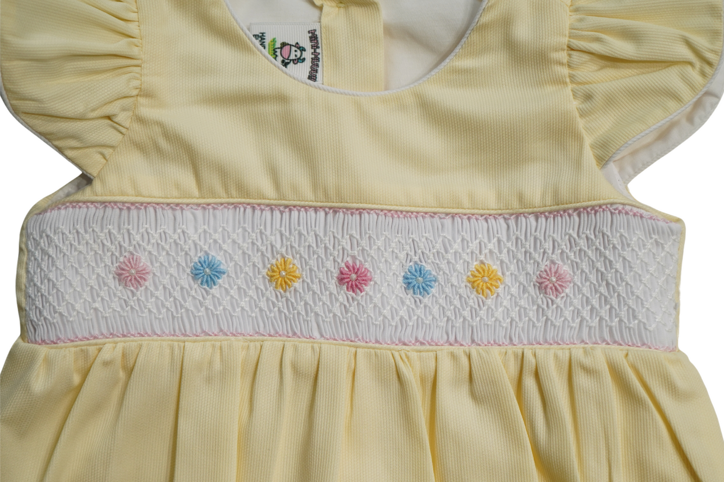 Pastel Smocked Hand embroidered Baby Romper – Yellow Flutter Sleeve with Hair Bow