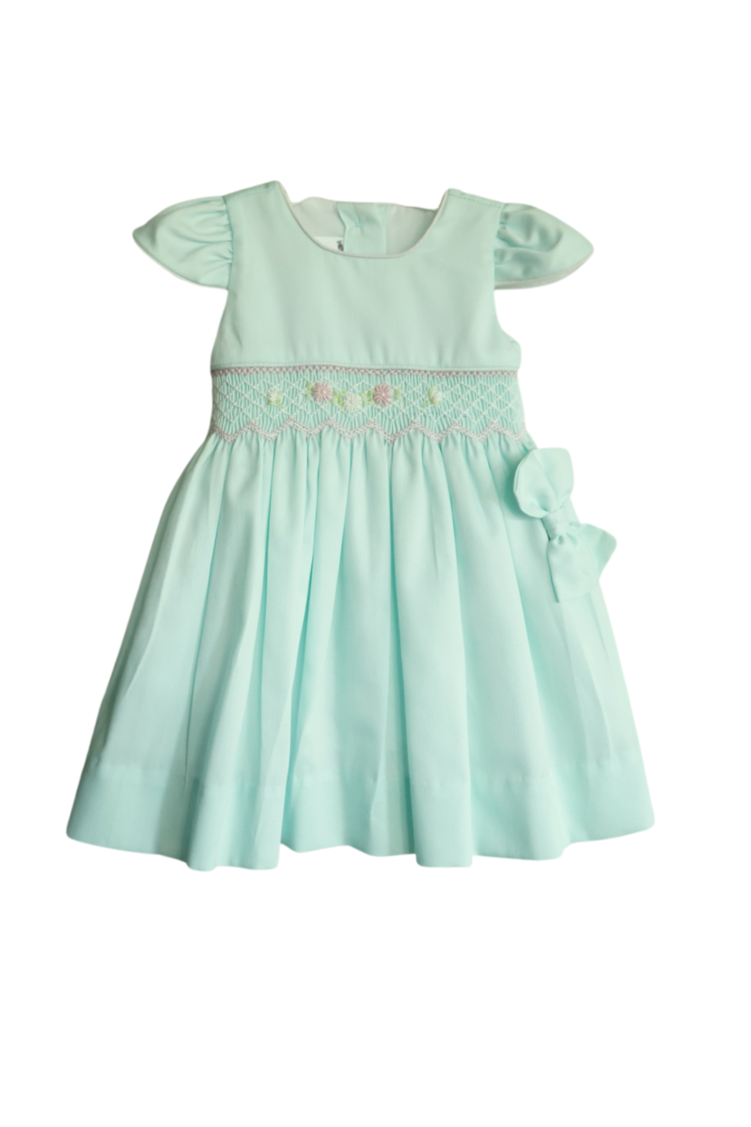Mint Green Smocked  Hand embroidered Baby Dress – Classic Piqué Elegance with Side hair Bow