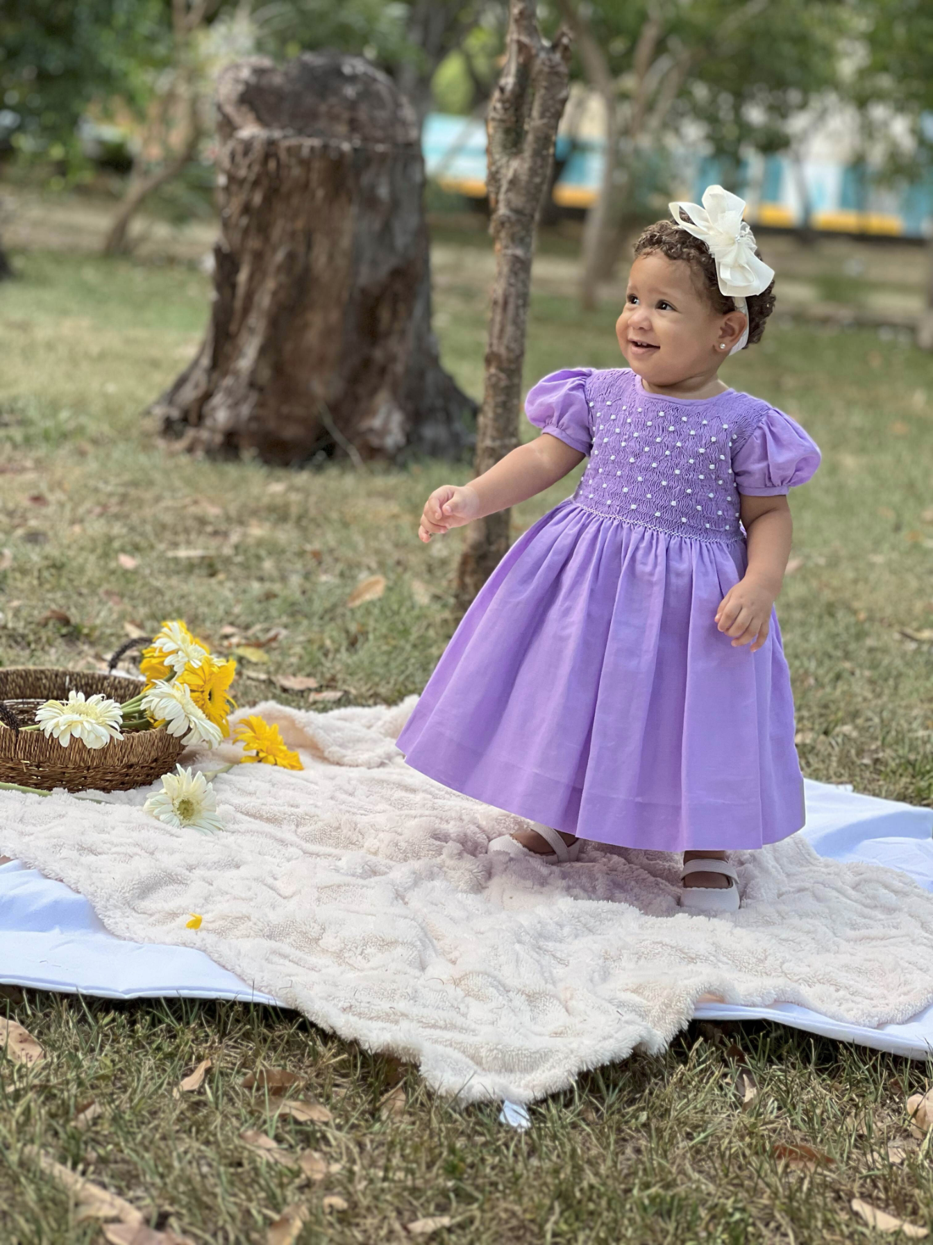 Lavender Hand embroidered-Smocked Dress, Linen dress💜