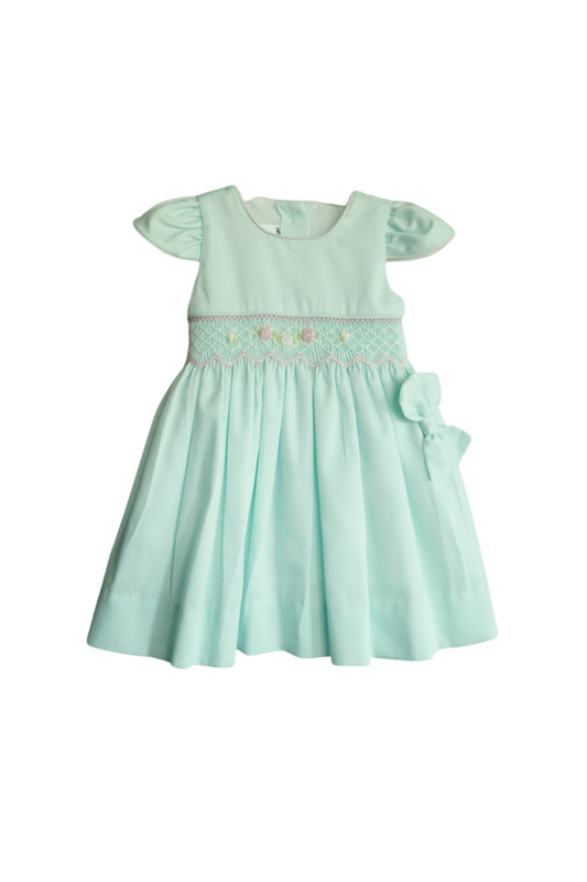 Mint Green Smocked  Hand embroidered Baby Dress – Classic Piqué Elegance with Side hair Bow