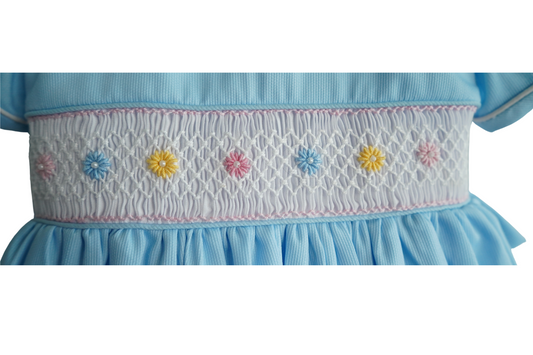 Sky Blue Smocked Baby Dress – Classic Peter Pan Collar Style with Bow