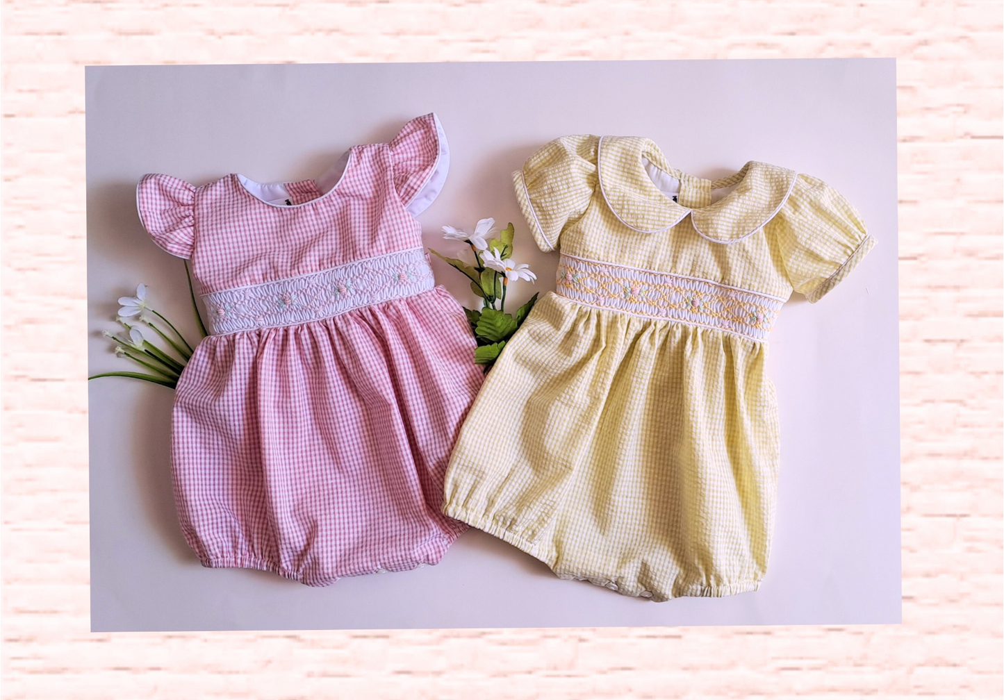 Smocked Baby romper  – Hand Embroidered with Floral Detail. PINK AND YELLOW Variation