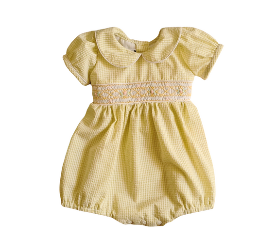 Smocked Baby romper  – Hand Embroidered with Floral Detail. PINK AND YELLOW Variation