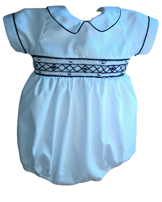 Classic White Piqué Baby Outfit – Smocked Elegance for Boys