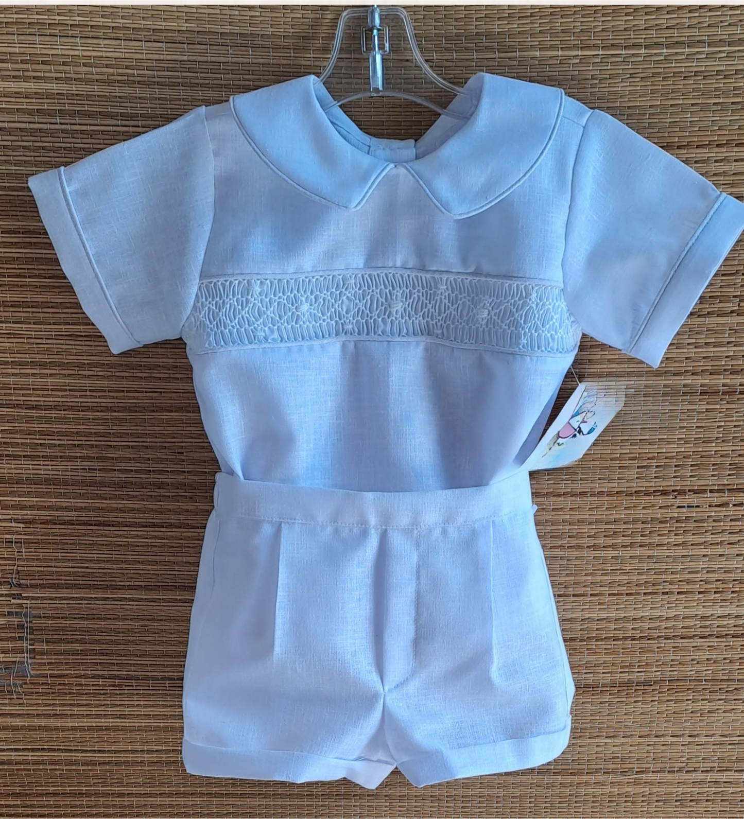 Classic White Linen Baby Boy Set – Hand-Smocked Elegance shirt and short pants
