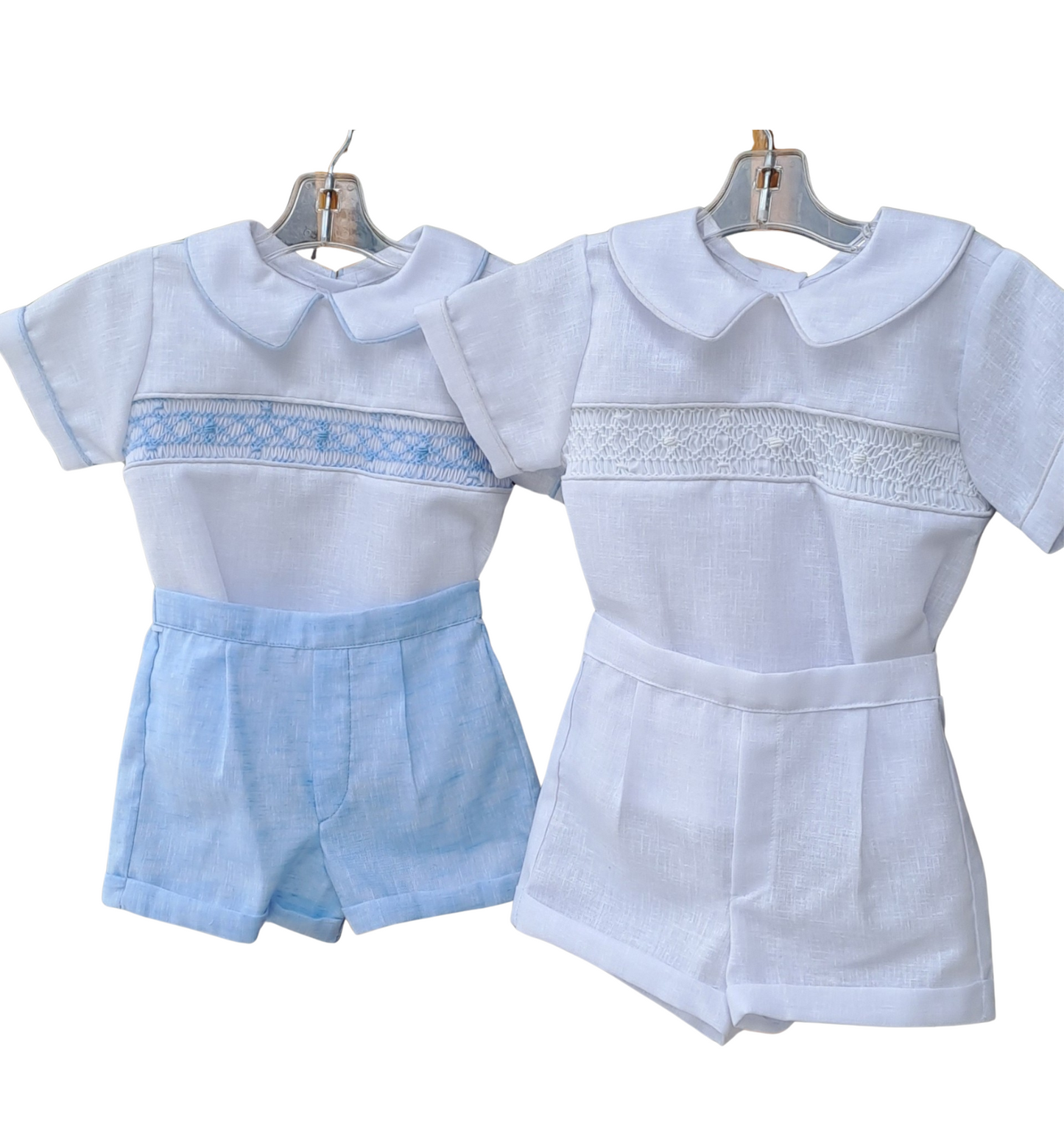 Classic White Linen Baby Boy Set – Hand-Smocked Elegance shirt and short pants