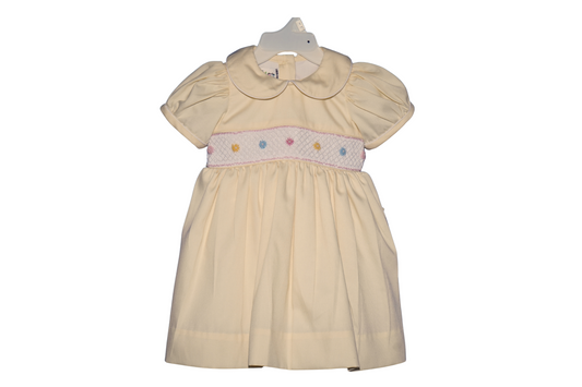 Buttercream Smocked and hand embroidered Baby Girl Dress with Bow