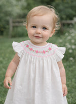 Load image into Gallery viewer, White Linen Baby Dress Smocked for Photoshoots, Birthdays &amp; Special Occasions