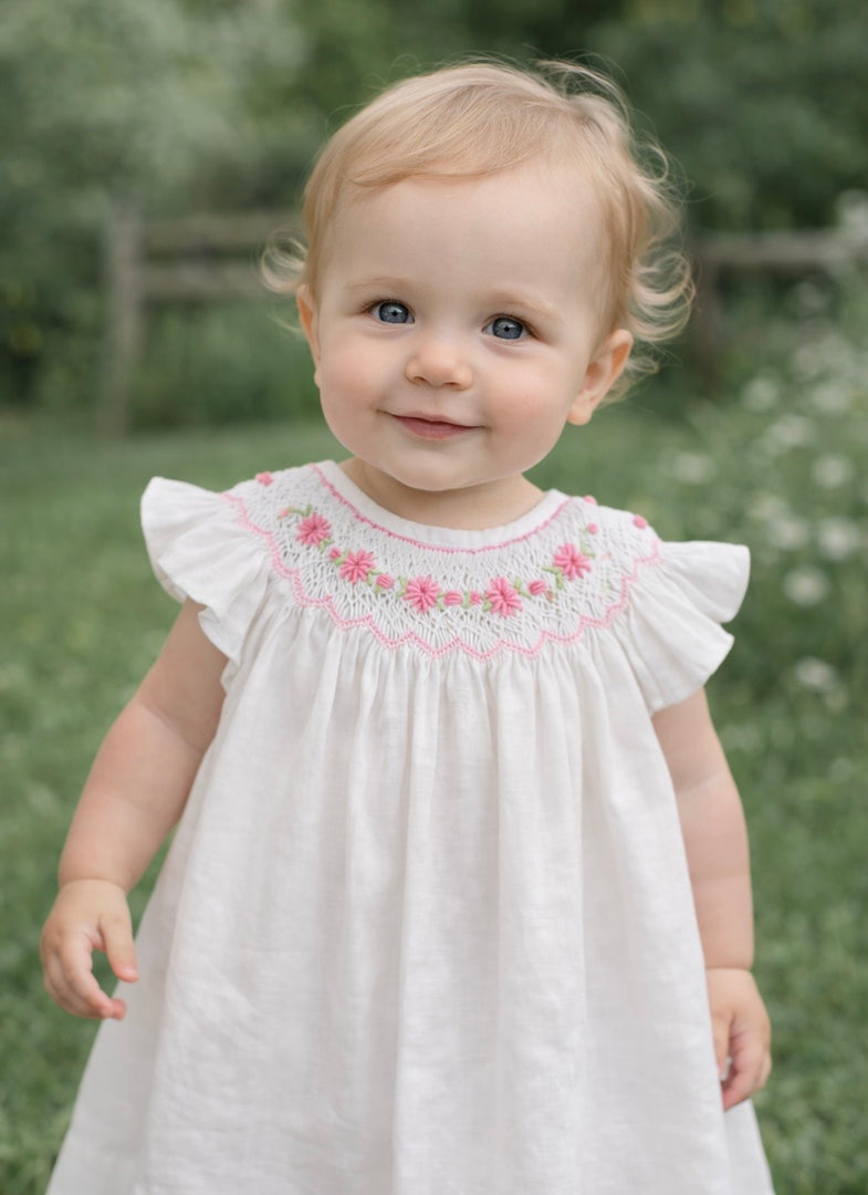 White Linen Baby Dress Smocked for Photoshoots, Birthdays & Special Occasions