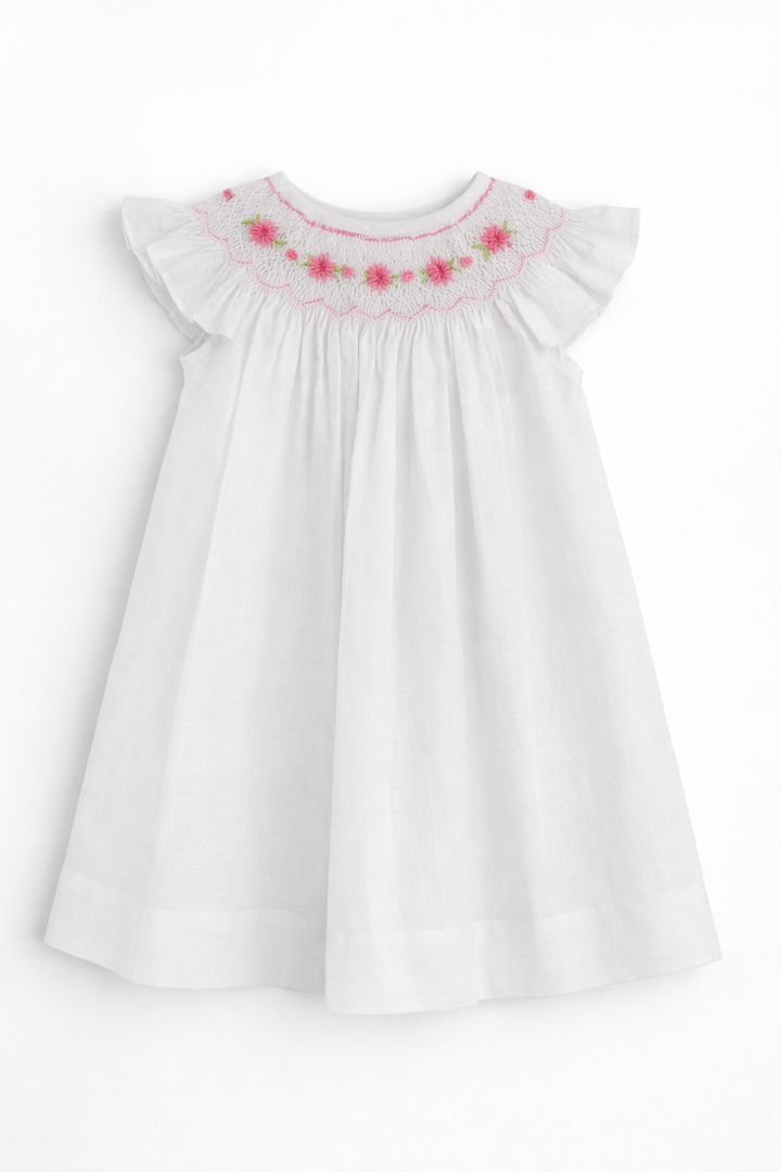 White Linen Baby Dress Smocked for Photoshoots, Birthdays & Special Occasions